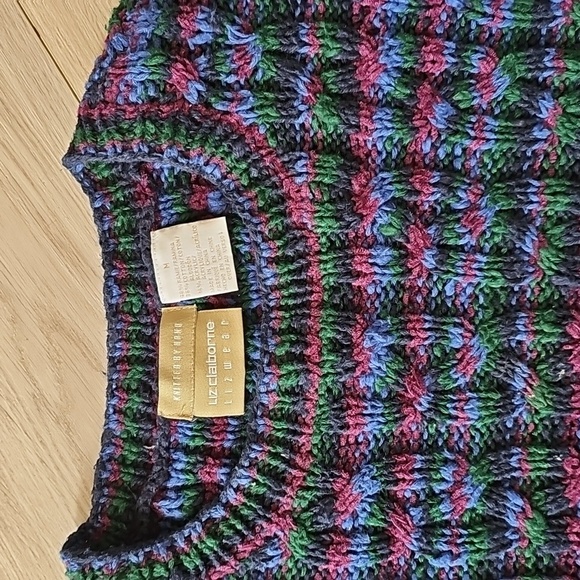 Liz Claiborne Aran Cable Knit Striped Ramie Granny Pullover Sweater Medium - Picture 4 of 12